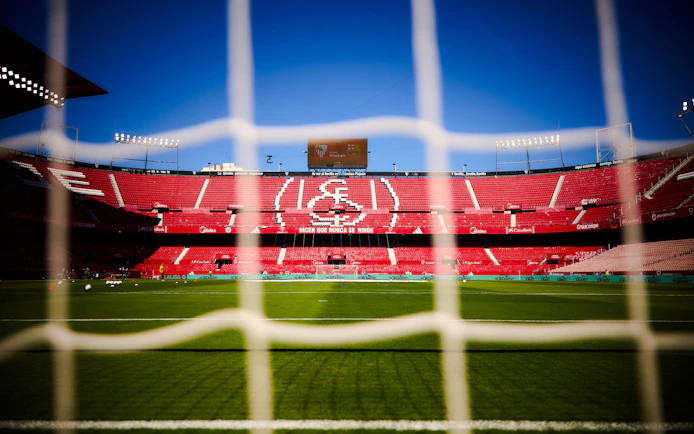 Ramón Sánchez Pizjuán Stadium in Seville, view from behind the goal net.