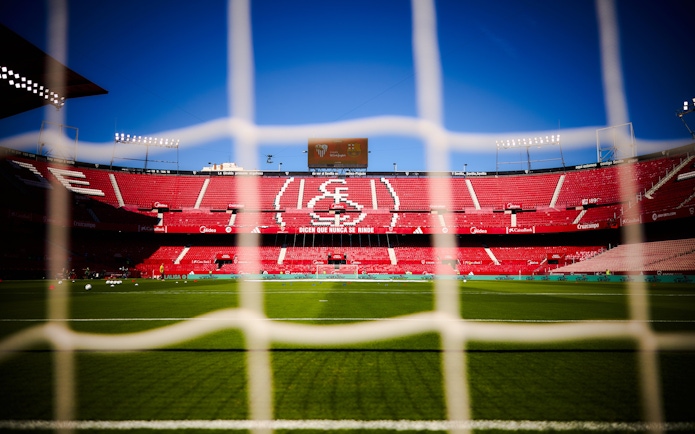 Ramón Sánchez Pizjuán Stadium in Seville, view from behind the goal net.
