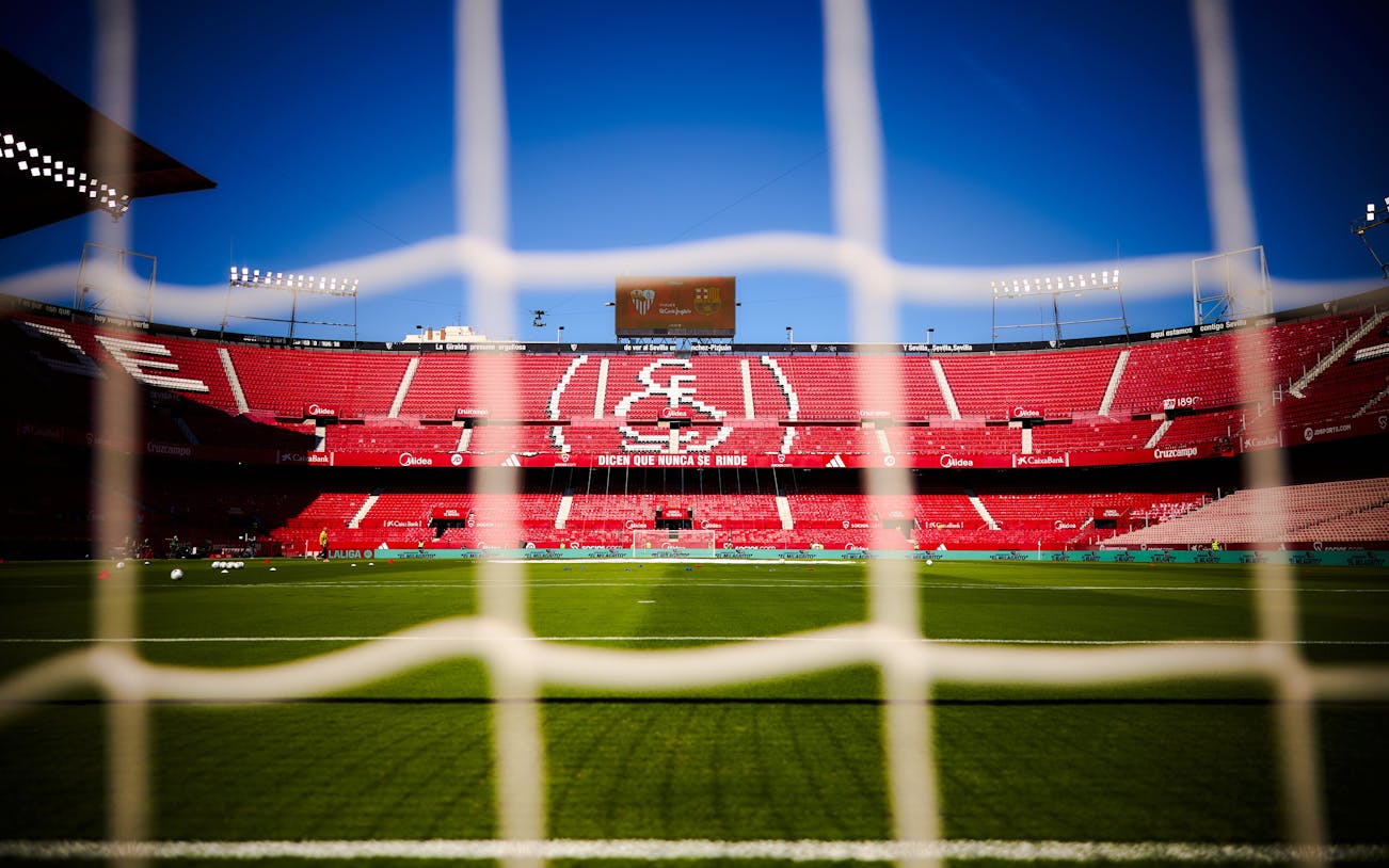 Ramón Sánchez Pizjuán Stadium in Seville, view from behind the goal net.