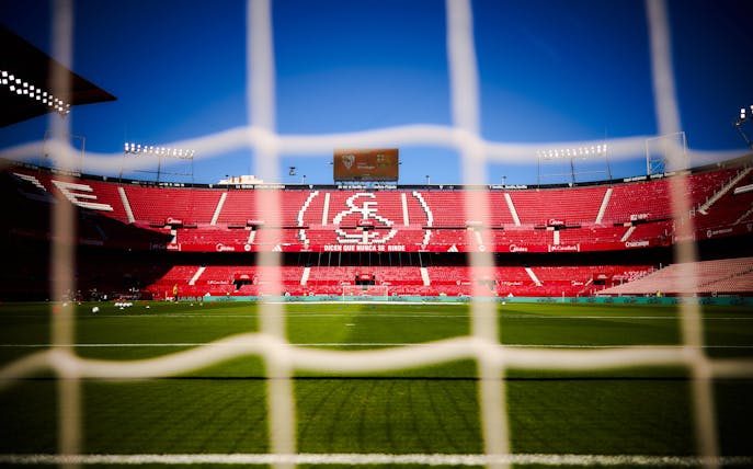 Ramón Sánchez Pizjuán Stadium in Seville, view from behind the goal net.