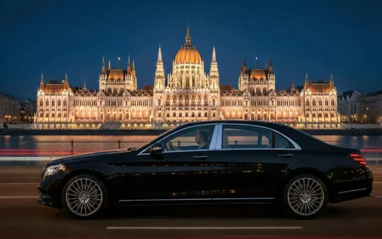Luxury car in front of Budapest Parliament building at night, Budapest private transfer.