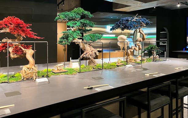 Bonsai display at Sushiroku restaurant, featuring vibrant red, green, and blue trees on a modern counter.