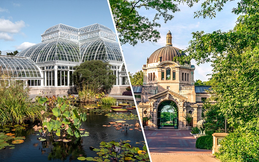 New York Botanical Garden conservatory and Bronx Zoo entrance in the Bronx.