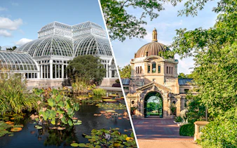 New York Botanical Garden conservatory and Bronx Zoo entrance in the Bronx.