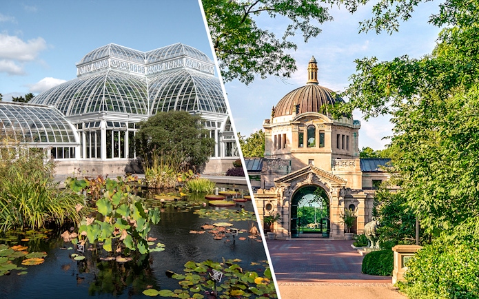 New York Botanical Garden conservatory and Bronx Zoo entrance in the Bronx.