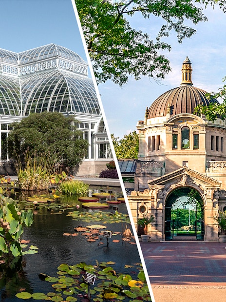 New York Botanical Garden conservatory and Bronx Zoo entrance in the Bronx.