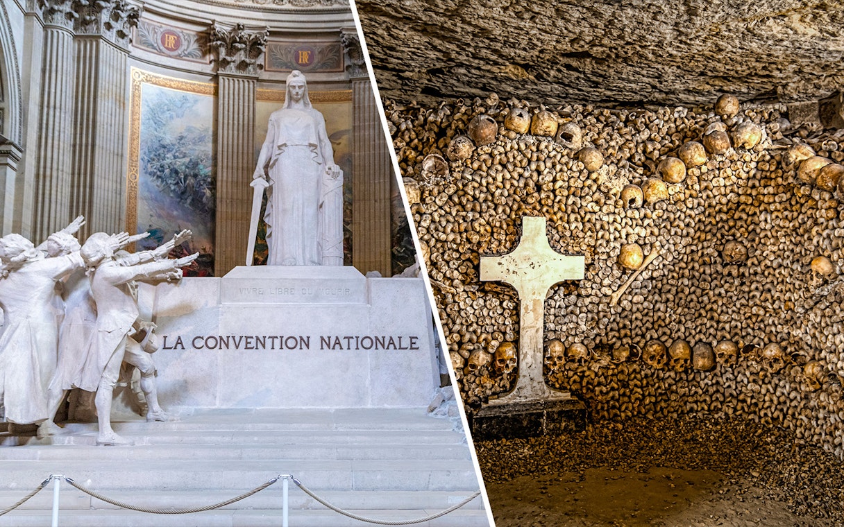 Pantheon statue and Paris Catacombs skull wall with cross.