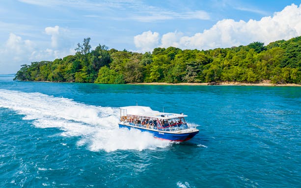 Tour boat cruising near lush island in Singapore.