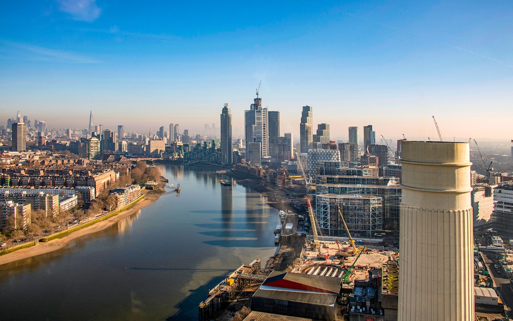 Aerial view of Battersea Power Station and River Thames in London.