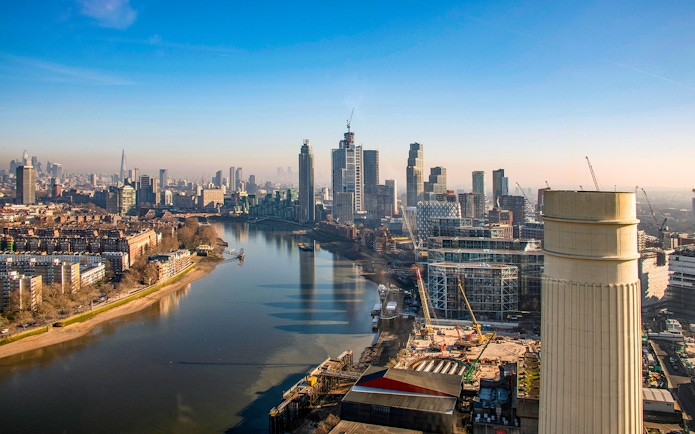 Aerial view of Battersea Power Station and River Thames in London.