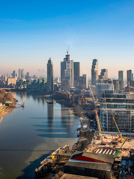 Aerial view of Battersea Power Station and River Thames in London.