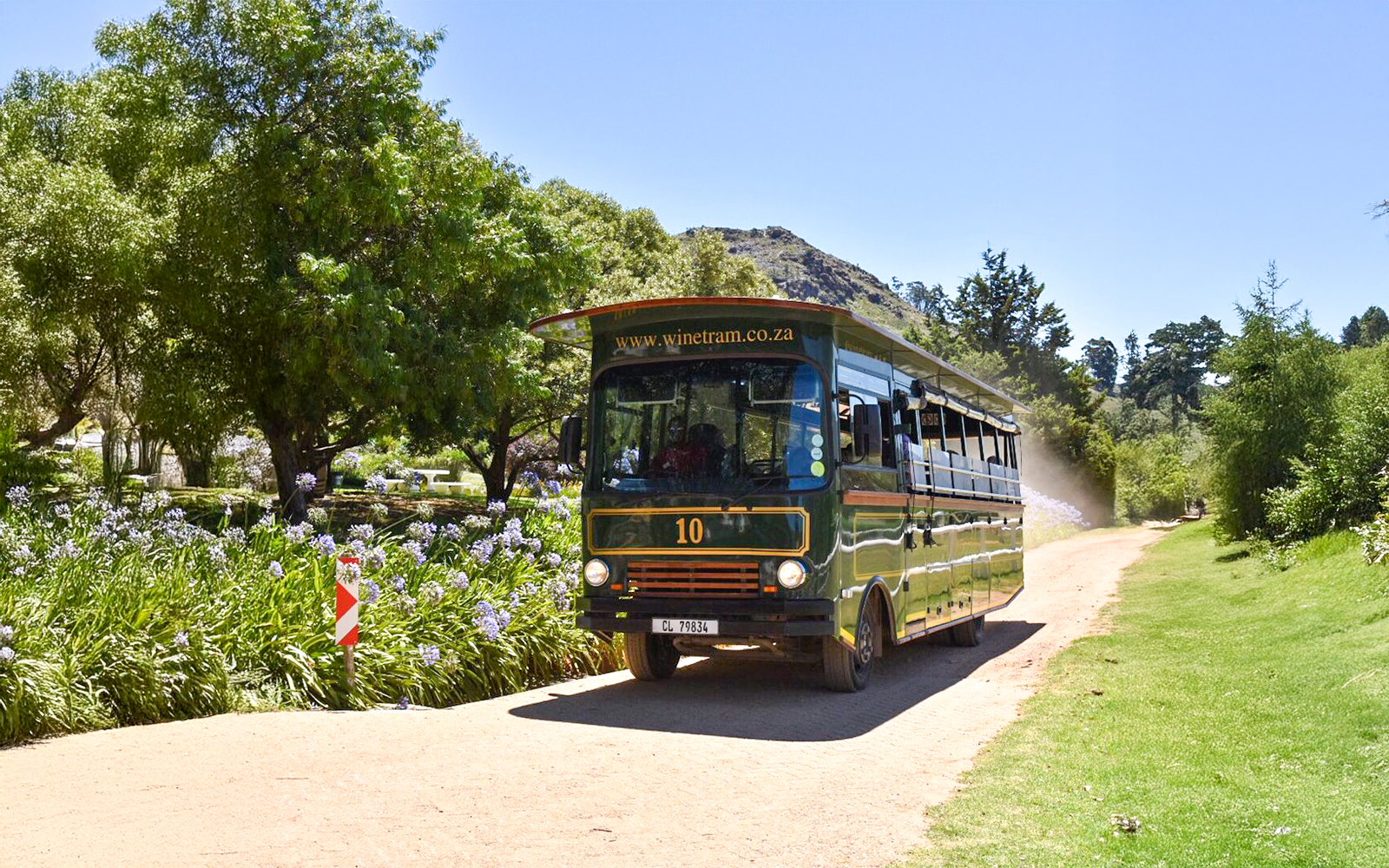 Tram bus on Franschhoek Wine Tram Xplorer Tour, Cape Town, surrounded by greenery.