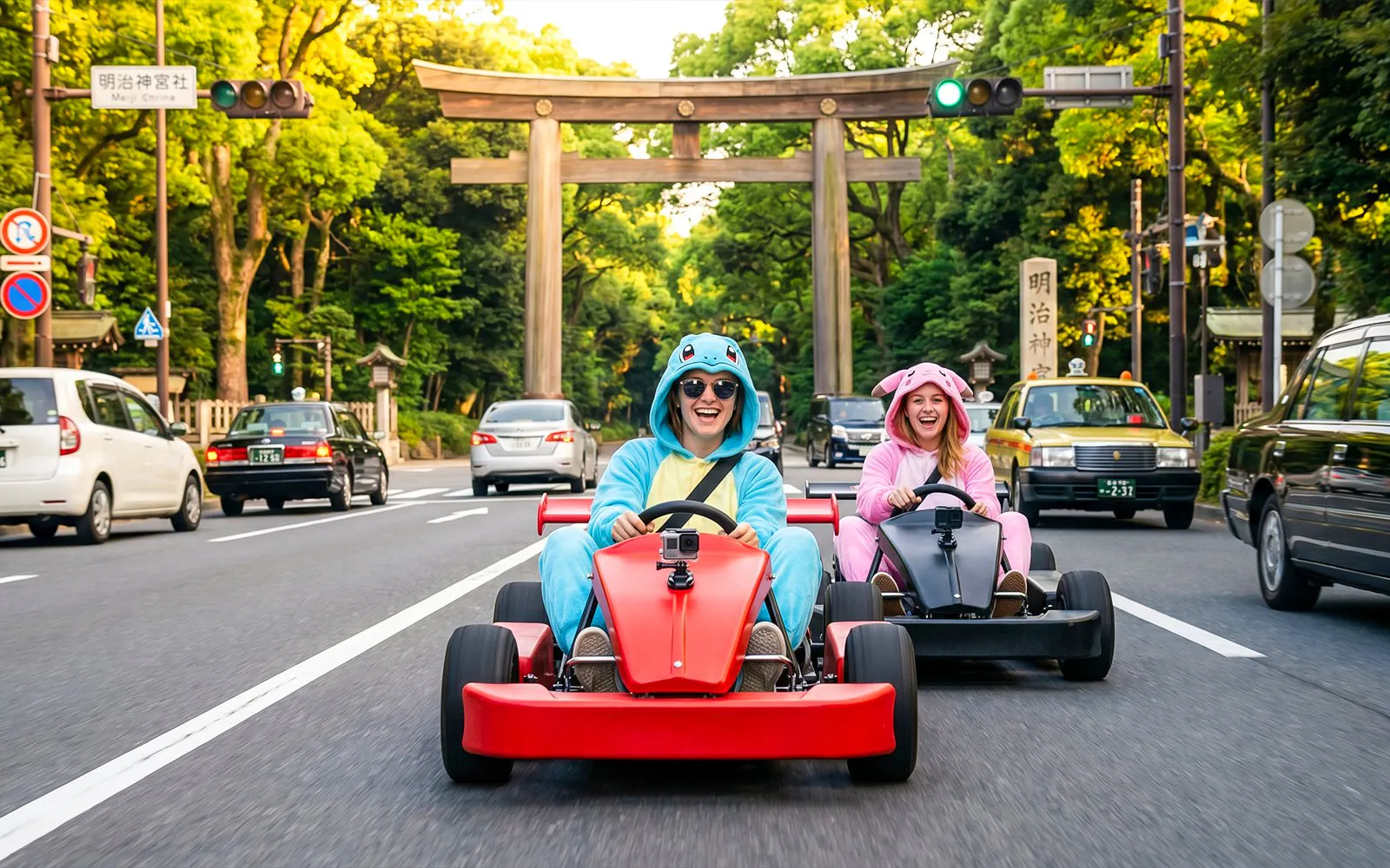 Go-karting in costumes near Shibuya's Meiji Shrine torii gate.