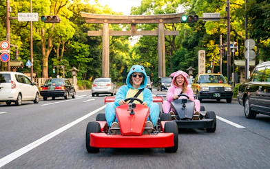 Go-karting in costumes near Shibuya's Meiji Shrine torii gate.