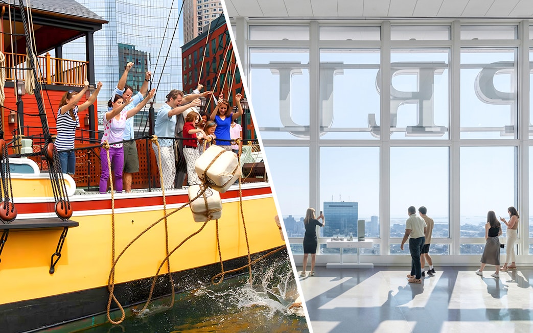 Boston Tea Party reenactment on ship and visitors at View Boston observation deck.