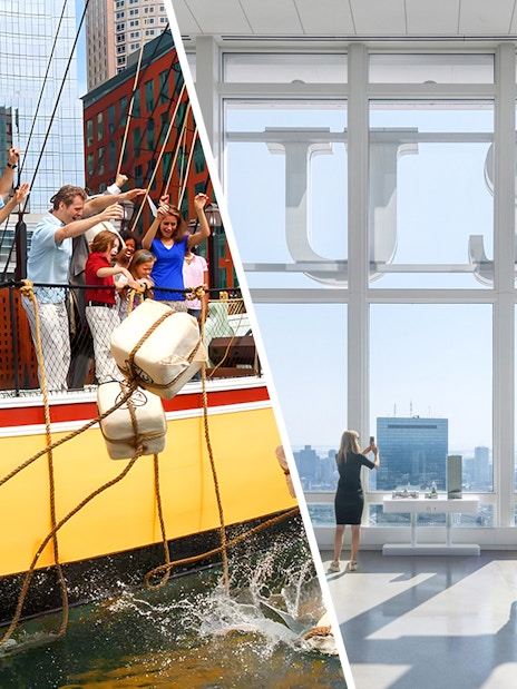 Boston Tea Party reenactment on ship and visitors at View Boston observation deck.
