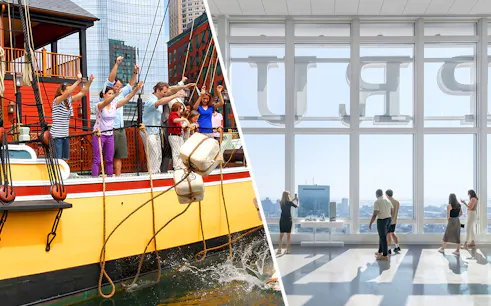 Boston Tea Party reenactment on ship and visitors at View Boston observation deck.