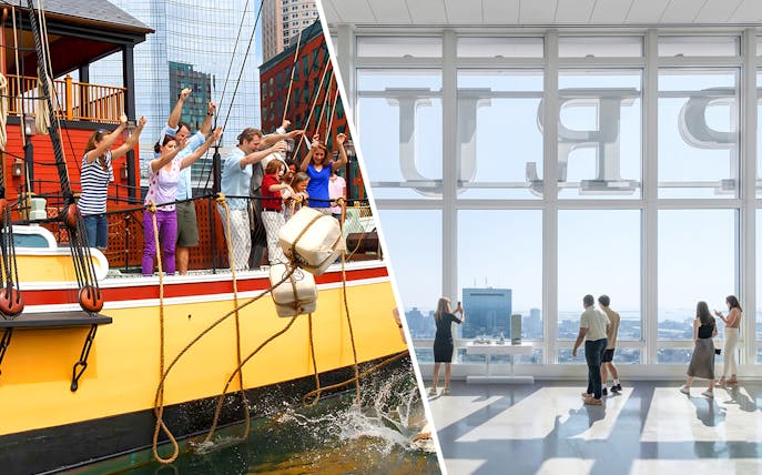 Boston Tea Party reenactment on ship and visitors at View Boston observation deck.