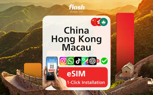 eSIM installation for China, Hong Kong, Macau with Flash Global SIM, featuring Great Wall background.