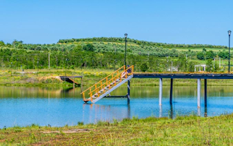Staircase leading to a pier over the lake at Belsh lakes, surrounded by greenery.