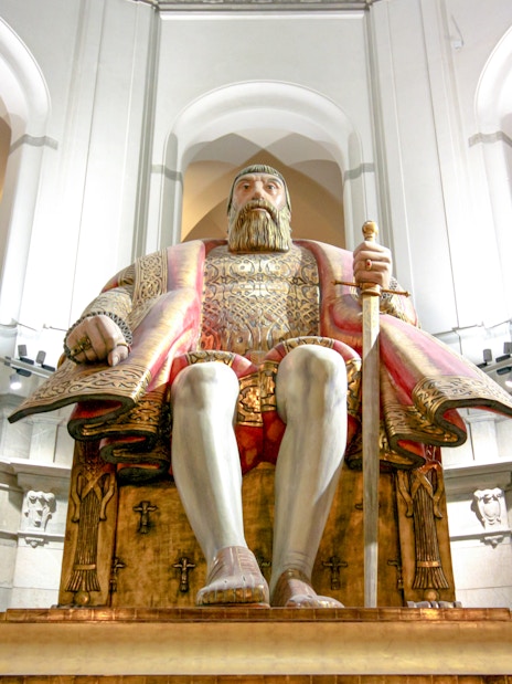 Seated statue at the main entrance of Vasa Museum, Stockholm, Sweden.