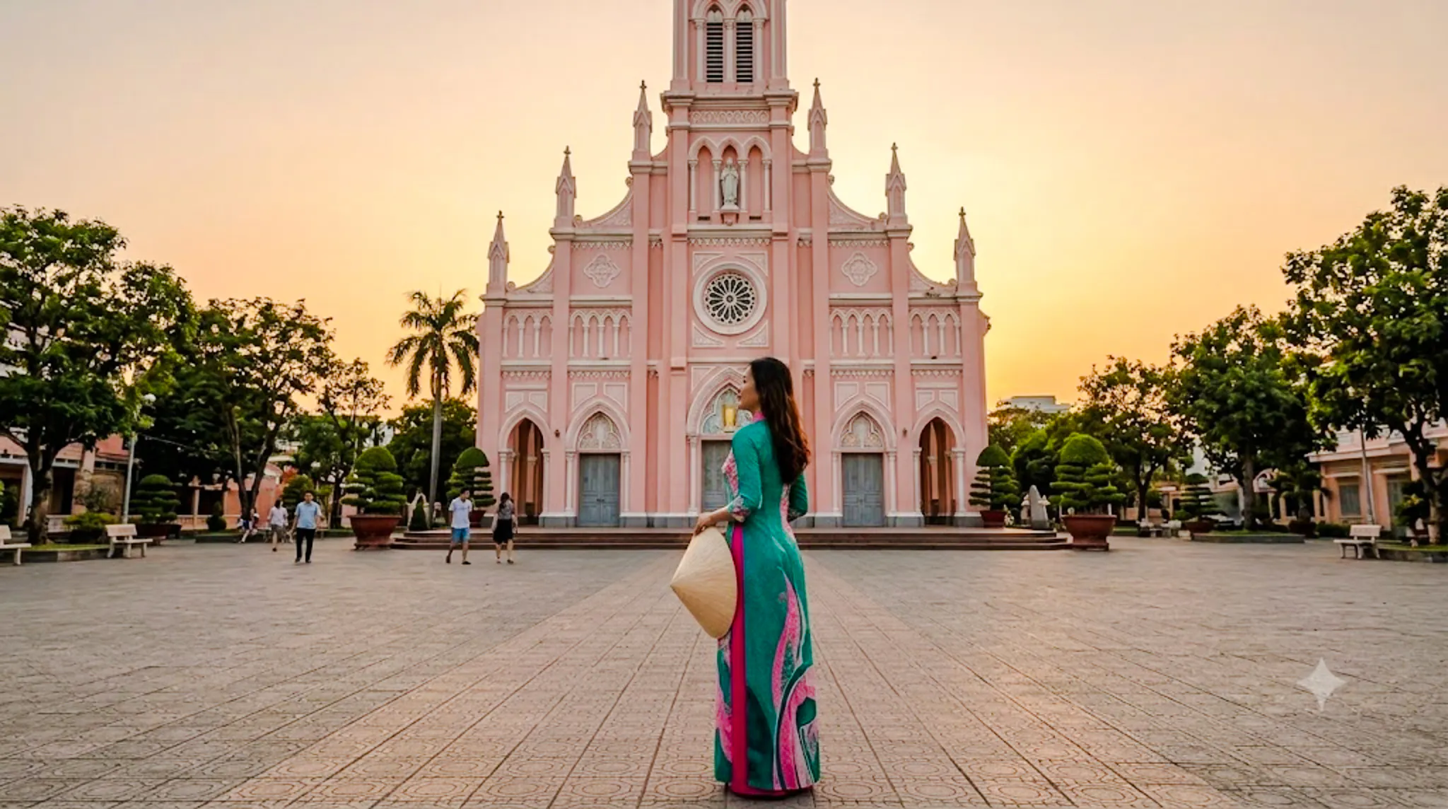 Woman in traditional dress at Da Nang Cathedral during sunset.