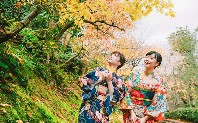 Friends in colorful kimonos enjoying autumn foliage in a Japanese garden.
