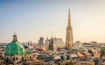 Aerial view of St. Stephen's Cathedral in Vienna with cityscape.