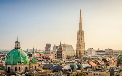 Aerial view of St. Stephen's Cathedral in Vienna with cityscape.