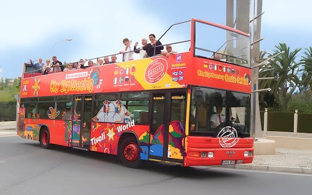 Sightseers on a City Sightseeing Hop on Hop off bus in Benalmadena.