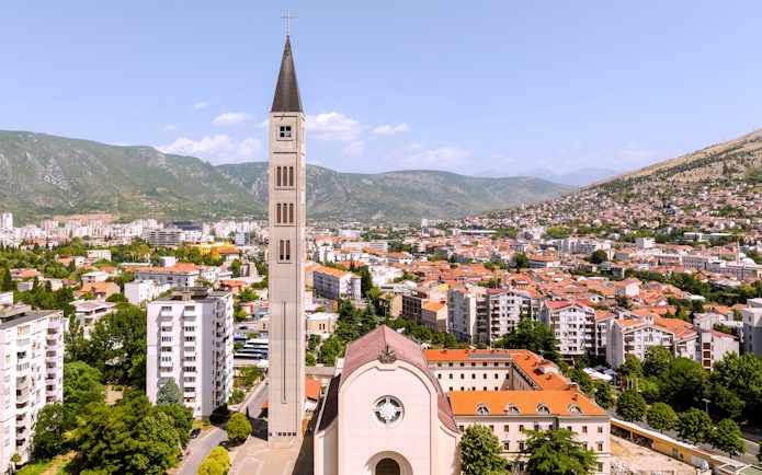 Franciscan church of St. Peter and Paul with bell tower in Mostar, Bosnia and Herzegovina.