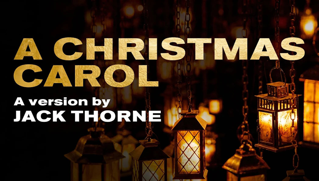 A Christmas Carol West End show poster with lanterns in the background.