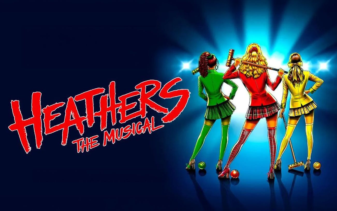 Heathers the Musical West End poster with three characters holding croquet mallets.