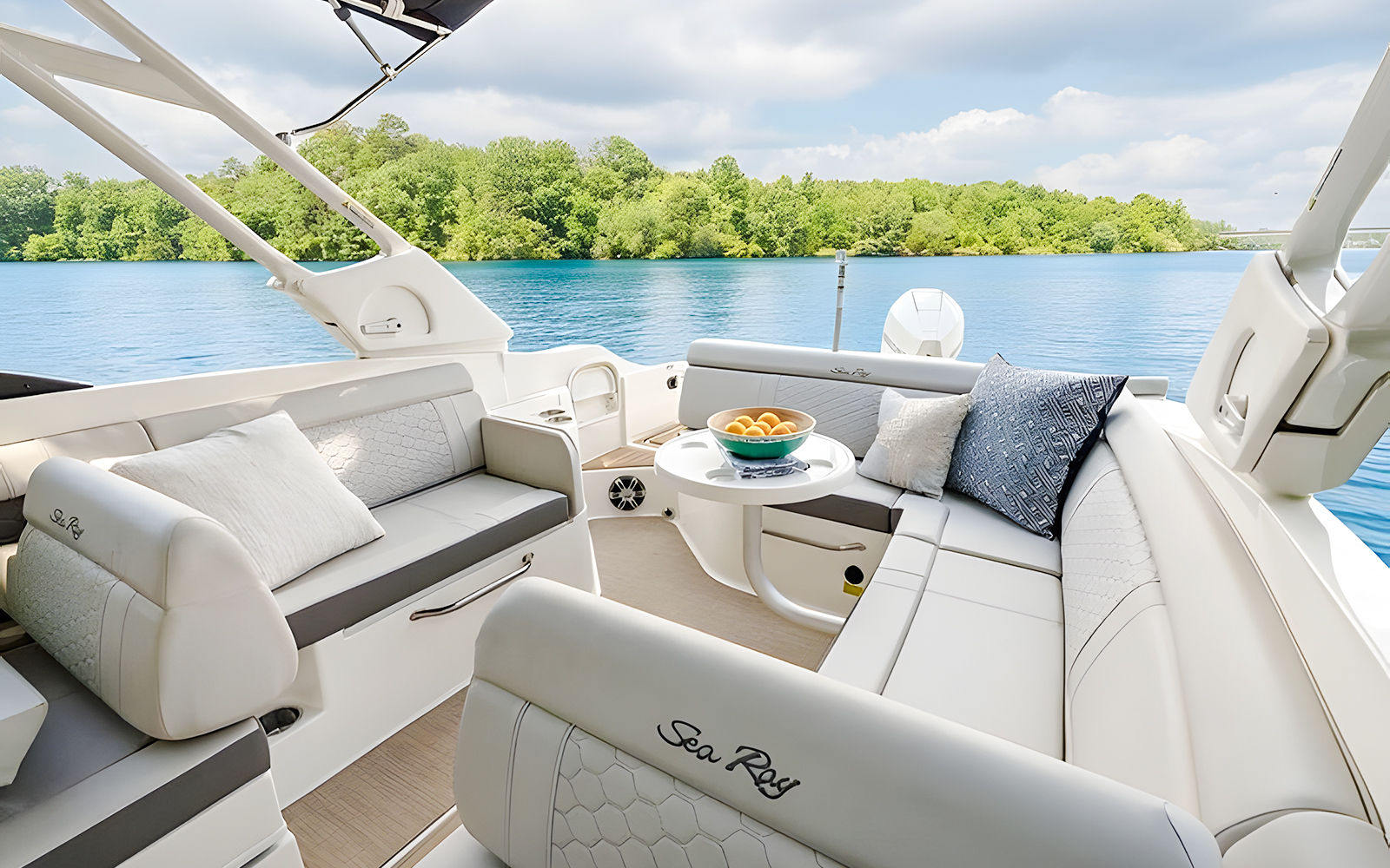 Luxury yacht interior with seating area on Sea Ray for Lerins Islands tour.