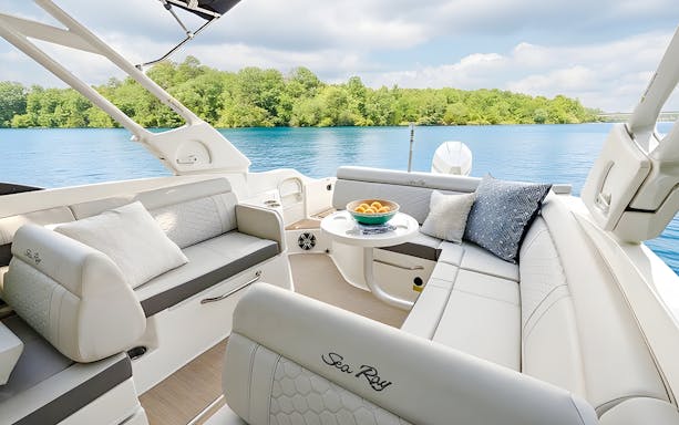 Luxury yacht interior with seating area on Sea Ray for Lerins Islands tour.