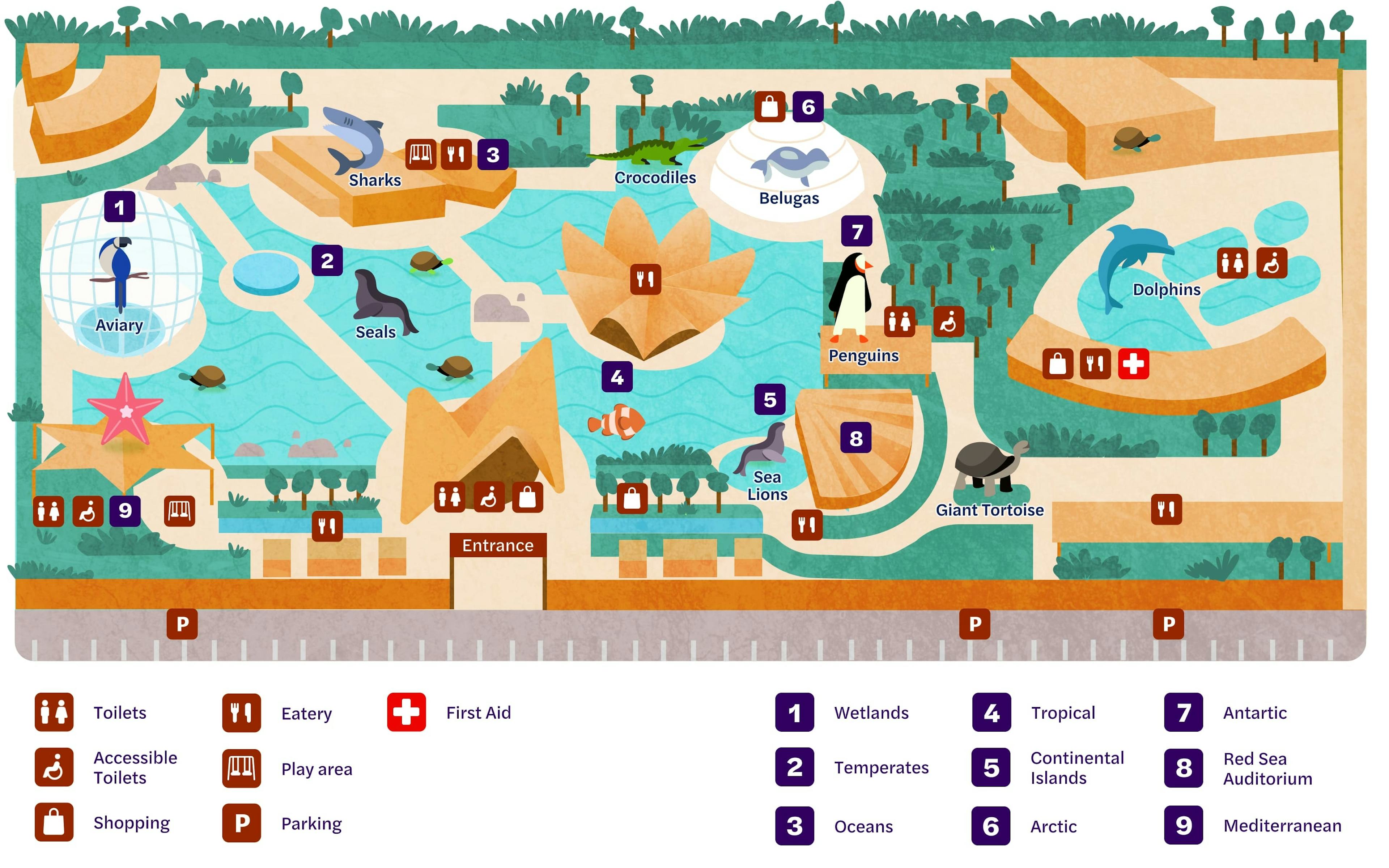 Zoo map with aviary, seals, sharks, crocodiles, belugas, penguins, dolphins, and sea lions.