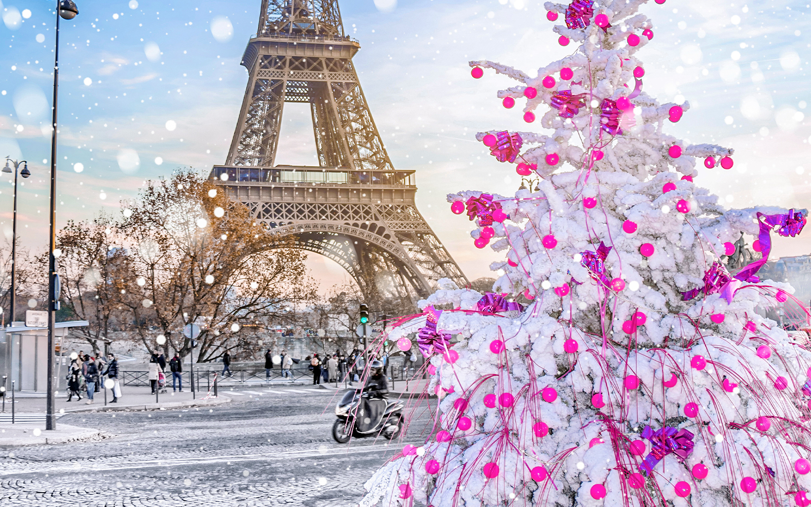 Eiffel Tower illuminated with Christmas lights in Paris, France.