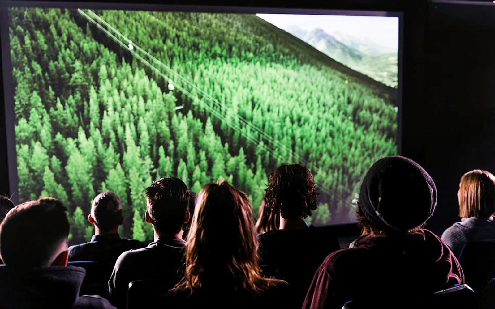 Guests viewing a Banff Gondola visual presentation of forested mountains.