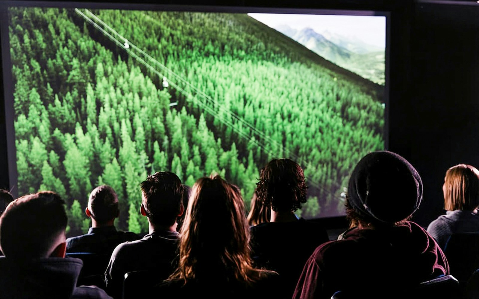 Guests viewing a Banff Gondola visual presentation of forested mountains.
