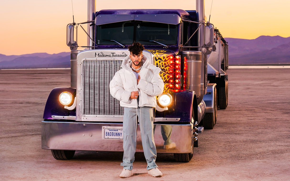 Bad Bunny statue in front of a truck at Madame Tussauds Las Vegas.
