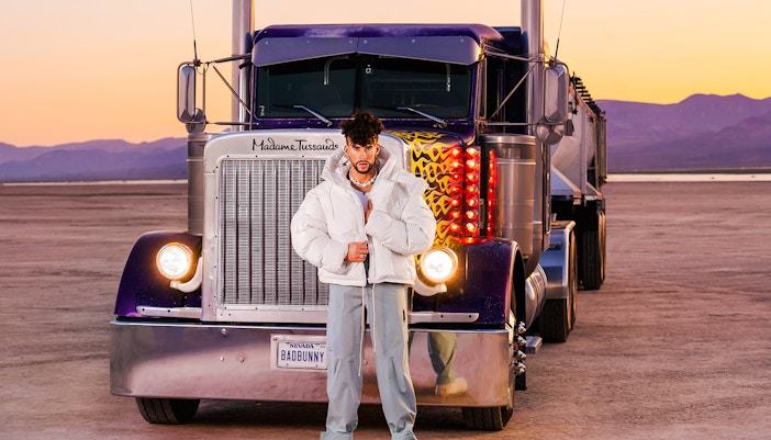 Bad Bunny statue in front of a truck at Madame Tussauds Las Vegas.
