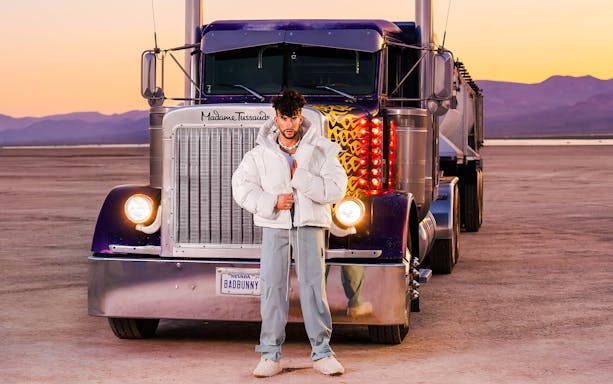 Bad Bunny statue in front of a truck at Madame Tussauds Las Vegas.