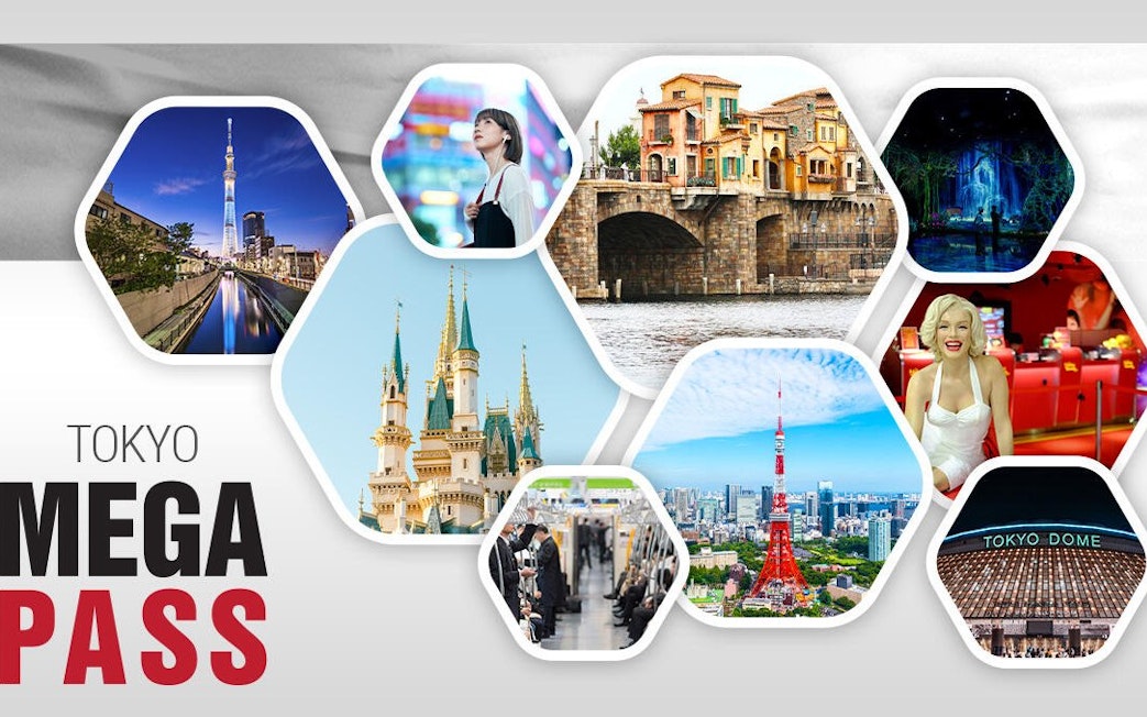 Tokyo MegaPass attractions including Tokyo Skytree, Disneyland castle, and Tokyo Tower.