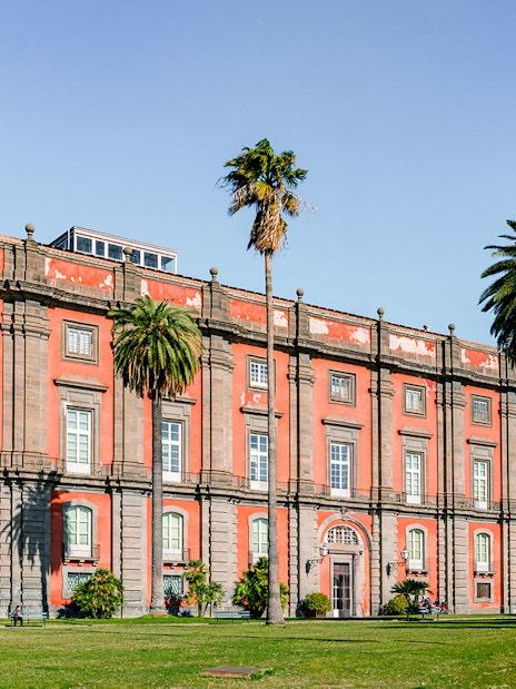 Capodimonte Museum exterior with palm trees, Naples, Italy.