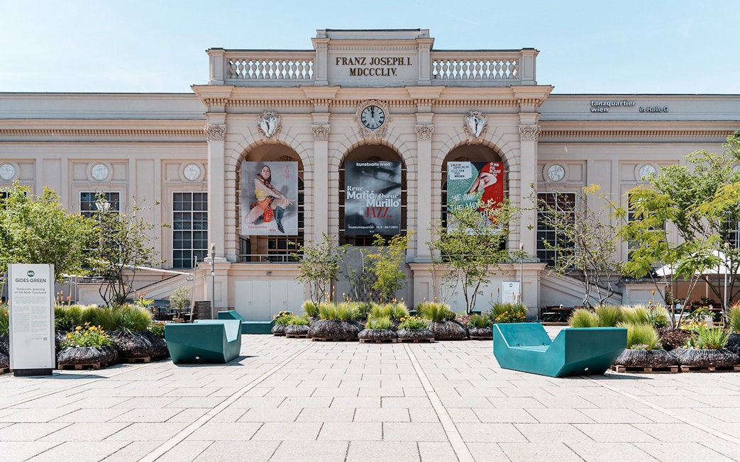 Kunsthalle Wien Museumsquartier entrance with posters, Vienna Welcome Card.