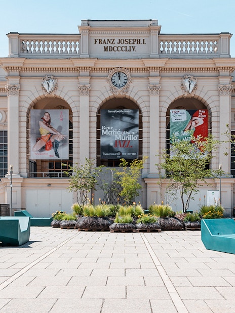 Kunsthalle Wien Museumsquartier entrance with posters, Vienna Welcome Card.