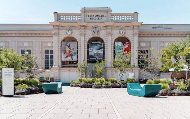 Kunsthalle Wien Museumsquartier entrance with posters, Vienna Welcome Card.