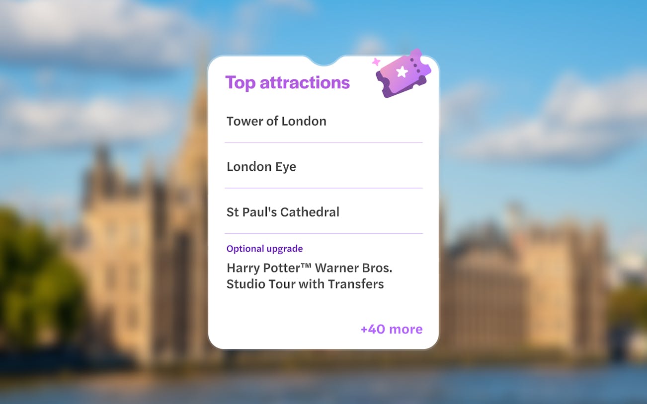 Top attractions list with blurred Houses of Parliament and Big Ben by the River Thames in London.