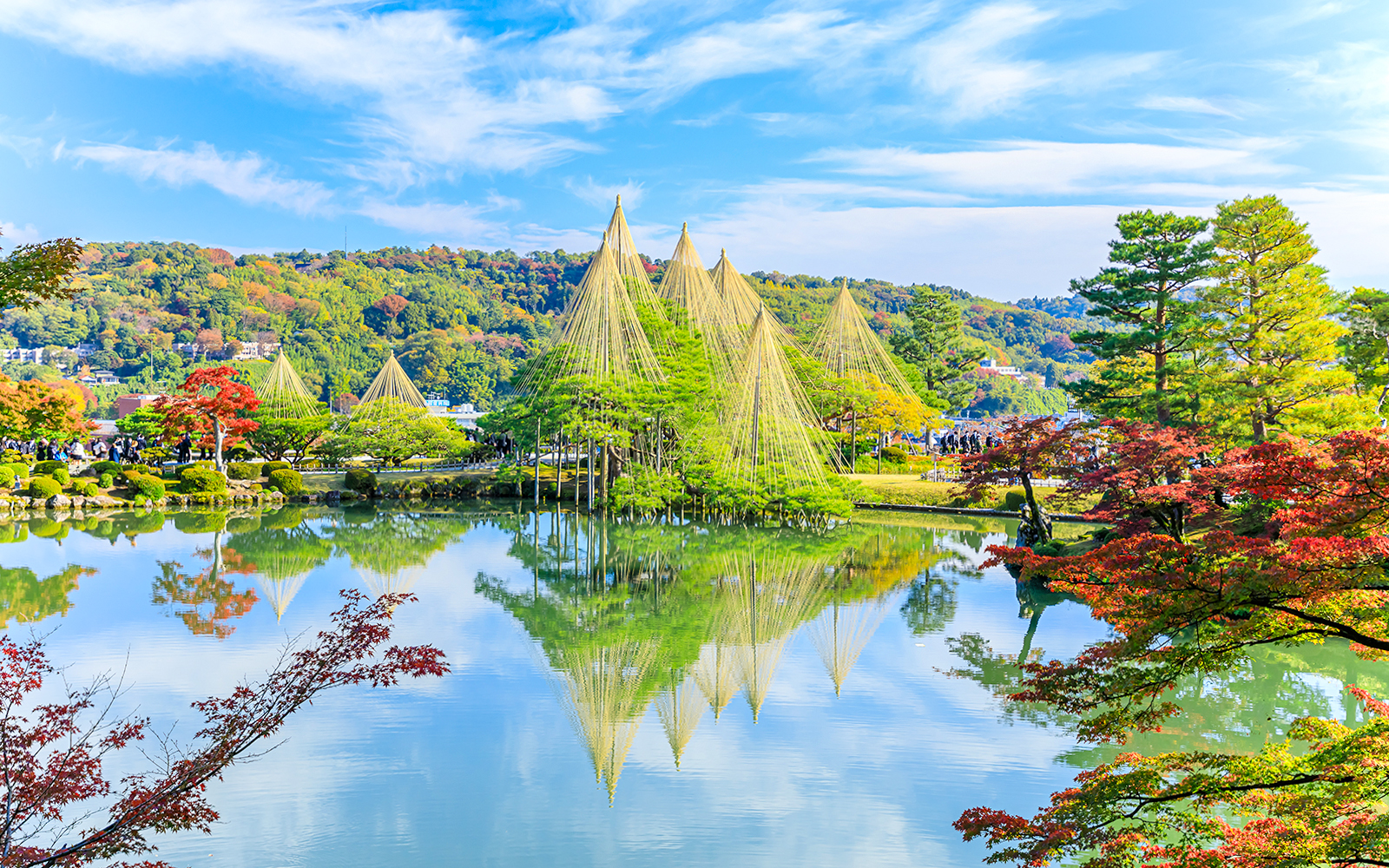 Kenrokuen Garden with traditional yukitsuri ropes over trees and a reflective pond in Kanazawa, Japan.