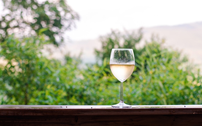 Glass of white wine on a wooden railing with a lush green background.